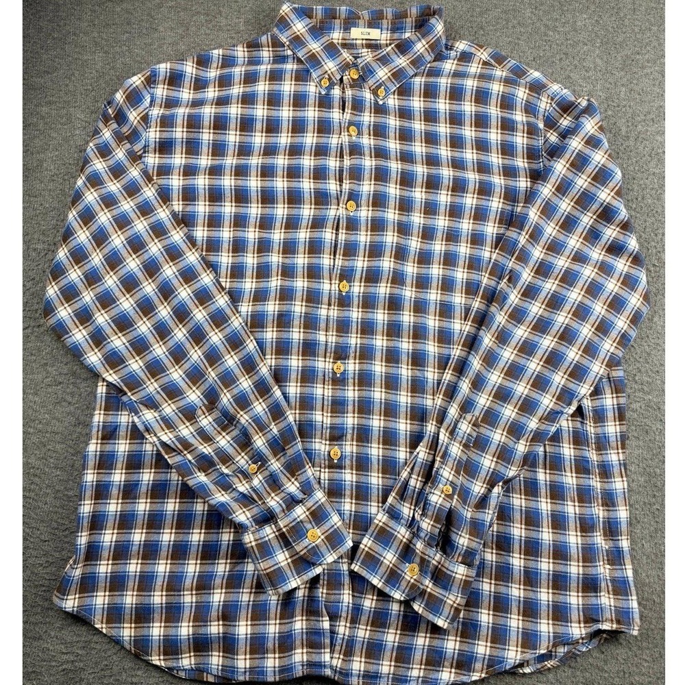 J.Crew Slim Fit Men's XL Plaid Button Down Shirt Blue Brown White